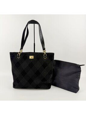 Chanel CC Logo Quilted Tote Shoulder Bag Suede Black Gold Vintage